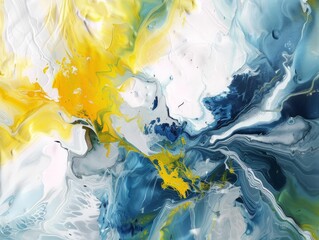 An abstract painting featuring vibrant yellow and blue colors, creating a dynamic contrast and visual interest