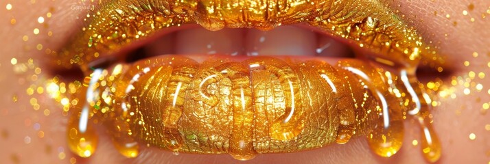 Golden liquid makeup dripping on model s lips and nails, metallic skin with copy space
