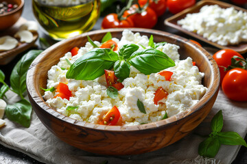 Homemade Italian ricotta cheese or cottage cheese with basil ready to eat сreated with Generative Ai