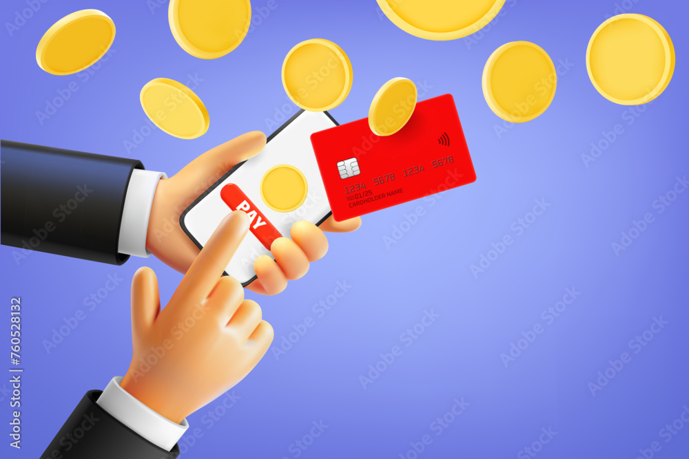 Poster Man using smartphone to pay via internet. 3d vector illustration