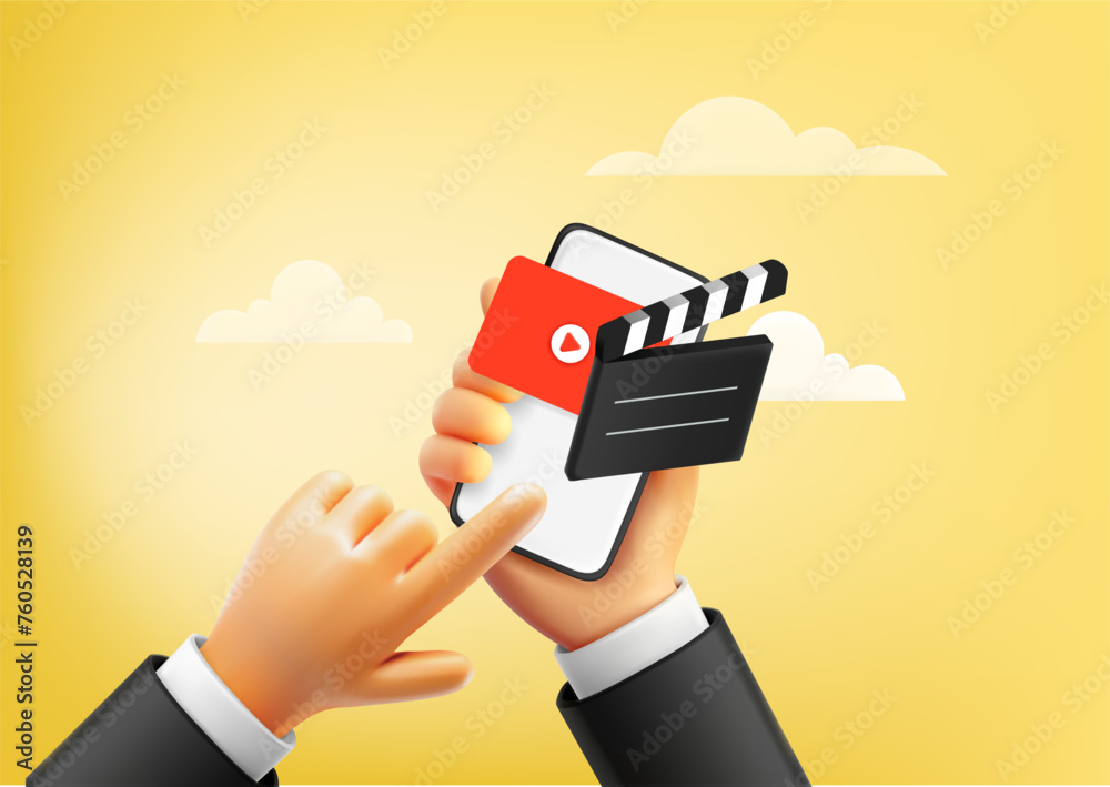 Poster man using video application on modern smartphone. 3d illustration