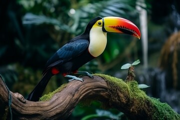 Naklejka premium Colorful toucan bird perched on lush rainforest tree branch in its natural jungle habitat