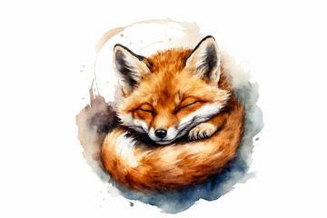 Children's watercolor illustration of a sleeping charming red fox cub on a white background. Cute card with good night wish. Portrait of a wild forest animal, suitable for clothes, posters, books. 