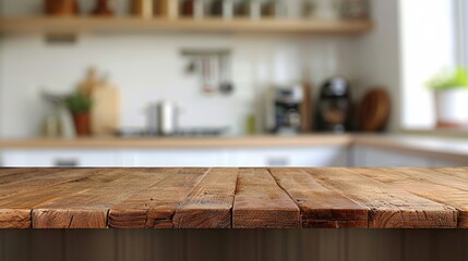 Versatile empty wooden table on blurred kitchen counter background for multiple purposes