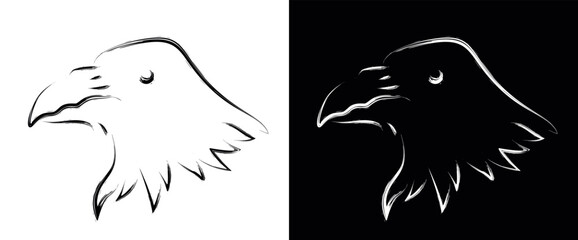 Fototapeta premium Sketch of a raven's head. Isolated hand drawn graphic element, cute simple bird, raven or crow for design brand sign, logo, icon, other. Black and white vector illustration.
