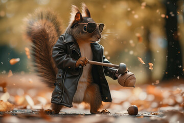 Funny Squirrel: Glasses, Hammer and Nut