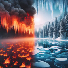 Ice and fire opposition - Illustration divided into two parts : ice on one side and fire on the other.