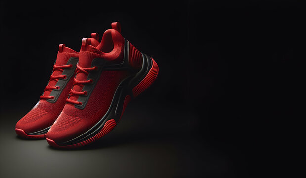High Fashion Red shoes for sports with copy space and black background, generative ai