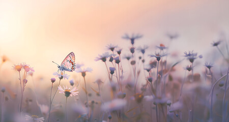 a butterfly fluttering over a field of wildflowers, captured at dawn with soft, pastel hues