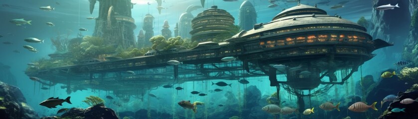Futuristic technology uncovering the secrets of Atlantis through deep sea exploration, led by submarines and guided by manta rays - obrazy, fototapety, plakaty