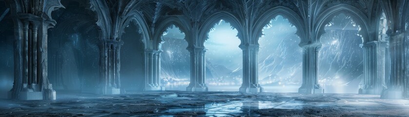 Gothic architecture powered by quantum computing, overlooking bioluminescent oceans - obrazy, fototapety, plakaty