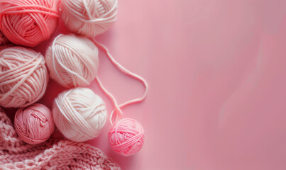 Pink Crochet and yarn wallpaper with copy space and pastel pink background, craft and hobby wallpaper