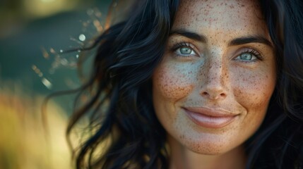 Close up of carefree young woman laughing. Portrait of smiling woman with freckles and closed eyes...