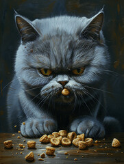 A blue cat eating cat food on a table at home full body display сreated with Generative Ai