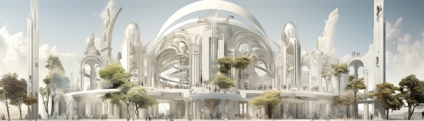 Neo-Classicism revival in android architecture, reflecting the harmony of biomimicry and technology