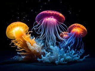 Obraz premium Quests for discovering underwater photography techniques that capture bioluminescence in marine life