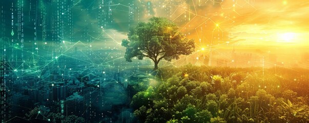 Renewable energy sources discovered in ancient magical forests, powering the next generation of smart cities - obrazy, fototapety, plakaty