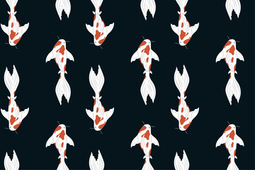 Seamless pattern carp on dark background. Bright vector illustration. Fashionable painting for packaging, wallpaper, children's, clothing and stationery.