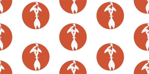 Seamless pattern carp orange circle and white background. Beautiful fish. Bright vector illustration. Trendy picture for packaging, wallpaper, children's, clothing and stationery.