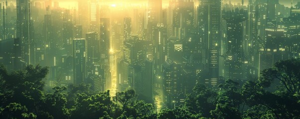Smart cities built in harmony with ancient forests, utilizing renewable energy and protected by cybernetic guardians