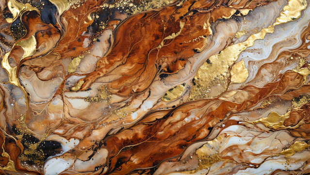 Ink Abstract: Brown Colored Paint with Watercolor Stone and Liquid Marble Texture, Modern Gold Glitter Brown Design Splash - Design Template, Wallpaper, Background - Artistic Luxury Creative Project