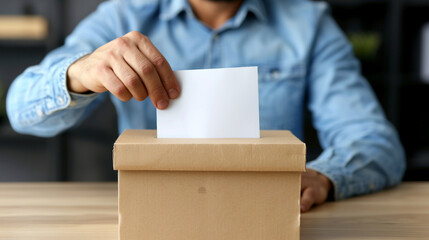 Man putting his vote into ballot box on blurred background сreated with Generative Ai