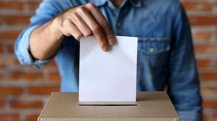 Man putting his vote into ballot box on blurred background сreated with Generative Ai