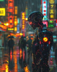 Fototapeta na wymiar Cyborg in rainy neon-lit cityscape at night - A humanoid robot illuminated by neon signs stands in a rainy urban environment