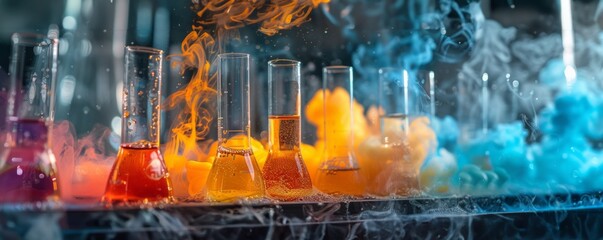 Fiery and icy reaction in science lab experiment - Vibrant scientific experiment showing a contrast of fiery red and icy blue chemical reactions