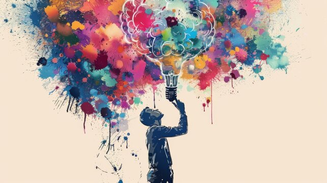 Explosion of creativity in vivid paint splatter - A person holding a light bulb acts as a catalyst for an explosion of colorful paint, symbolizing creative energy