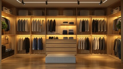 wide wooden dressing room, interior of modern house, Modern closet with LED lights with clothes.