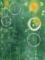 Obraz premium A painting featuring various sized circles intertwined with colorful flowers on a vibrant green background
