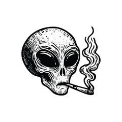black and white alien smoking cigarette vector illustration
