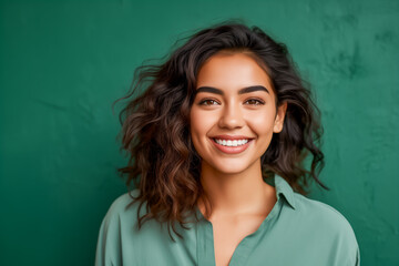 Fototapeta premium Portrait of happy young woman in front of the green concrete wall
