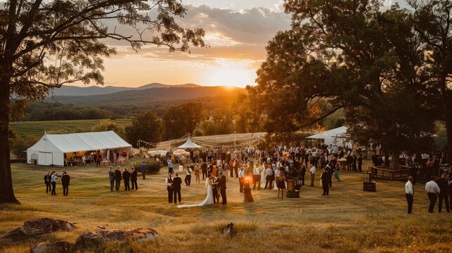 Sunset vineyard wedding reception ad  romance, sparkling wine, golden hour beauty