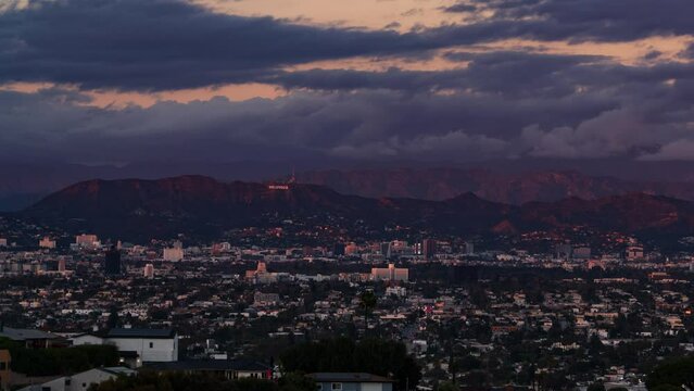 Hollywood and Los Angeles Sunset to Night Telephoto Tilt Up Time Lapse California USA