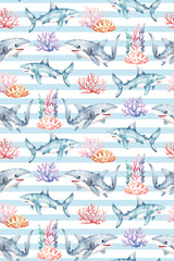 Cute baby watercolor pattern with sharks and seaweed. Perfect for baby clothing, textiles, fabrics