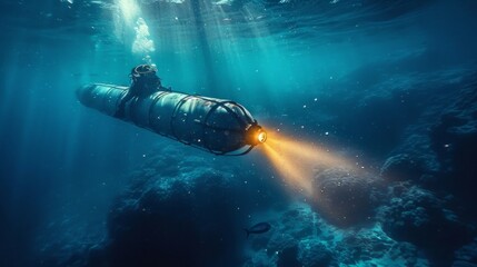 High tech mini submarine, preparing for underwater biology research. Marine life, seeking fish species and water data.