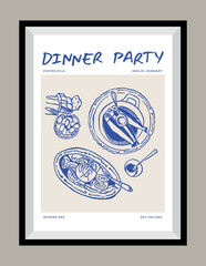 Minimalist hand drawn food and beverages vector print poster in a frame. Art for postcards, branding, logo design, greeting card