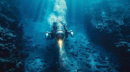 High tech mini submarine, preparing for underwater biology research. Marine life, seeking fish species and water data.