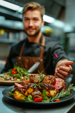 Focused image of a succulent grilled steak and vegetables on a plate, being presented by a smiling male chef in a professional kitchen, wearing a brown apron.