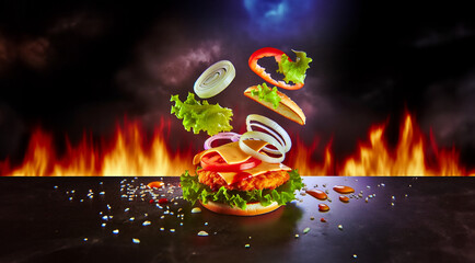 Chicken burger sandwich with flying ingredients hot fast food menu restaurant - obrazy, fototapety, plakaty