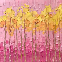 Fototapeta premium A painting featuring vibrant yellow and pink trees against a soft pink background