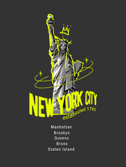 New York City slogan with black and white liberty statue graphic hand drawn vector illustration on black background © tsuponk