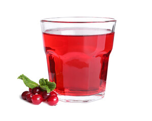 Tasty cranberry juice in glass, fresh berries and mint isolated on white