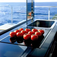 Fotobehang Gourmet tomato sauce preparation on a sleek yacht kitchen stovetop the oceans infinite horizon blending with the flavors of the sea luxurious and tranquil © weerasak