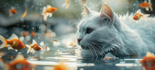 Fotobehang White adorable cat in water and goldfish around. Wildlife concept. Banner © bit24