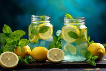 Refreshing homemade summer lemonade in mason jars with lemon slices and ice cubes