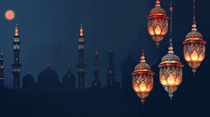 Silhouette of a masjid with hanging Arabic lanterns Eid celebration banner. Dark peaceful Eid Mubarak celebration banner for Muslims. 