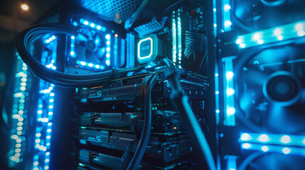 Illuminated interior of a modern computer case showcasing hardware components with neon blue lights and cables connecting parts like the motherboard, RAM, and graphics cards. - obrazy, fototapety, plakaty